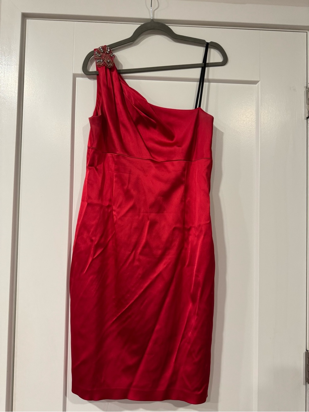 David Meister Red One-Shoulder Satin Dress with Jeweled Accent - Picture 2 of 5